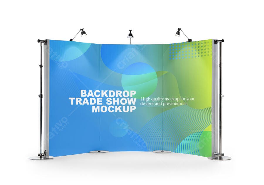 Mockup Realista Backdrop Curvo Azul Verde para Feira Eventos Iluminado