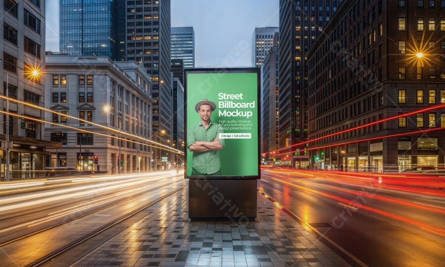 Mockup Realista Painel de Rua Noturno com Jovem Homem em Cenário Urbano Dinâmico