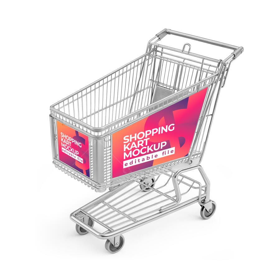 Mockup Realista de Carrinho de Compras Metálico com Painéis Publicitários