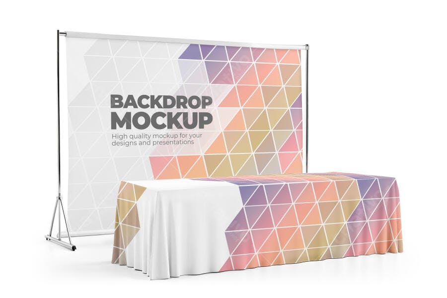Mockup Realista de Backdrop e Mesa de Evento com Padrão Geométrico Colorido