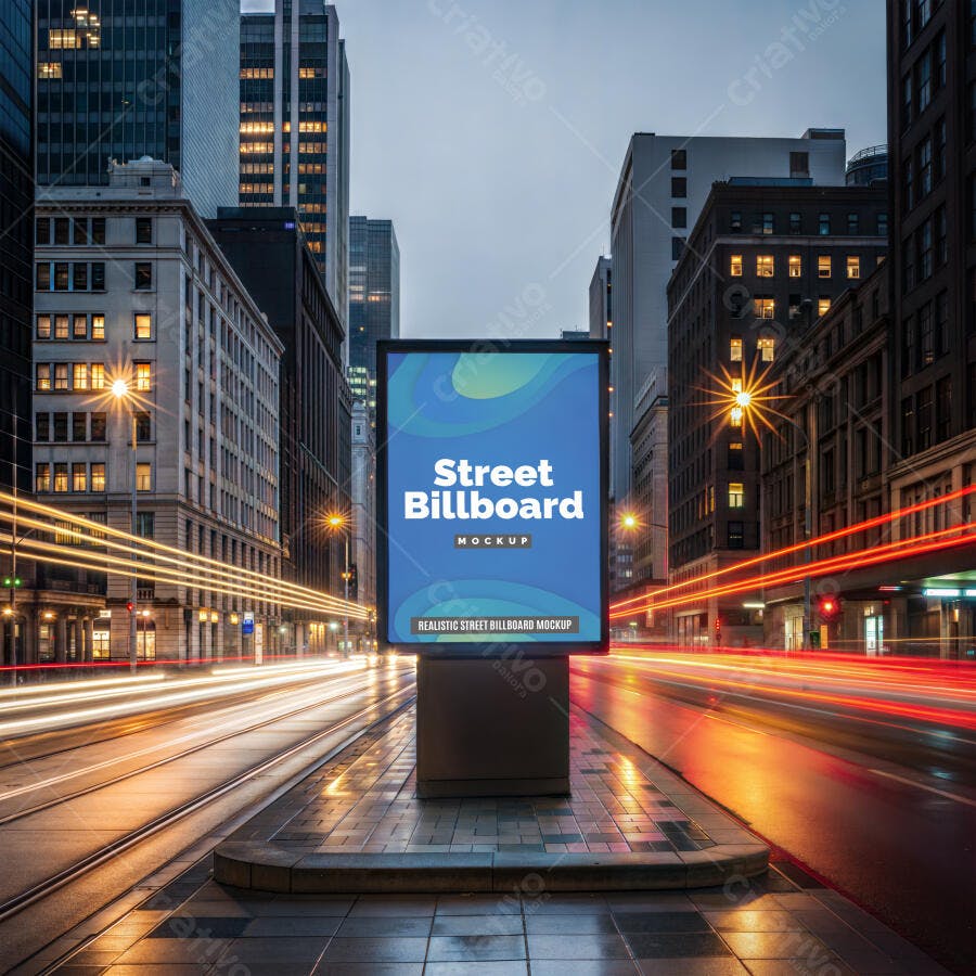 Mockup Realista de Painel Publicitário Vertical Urbano Noturno com Rastros de Luz
