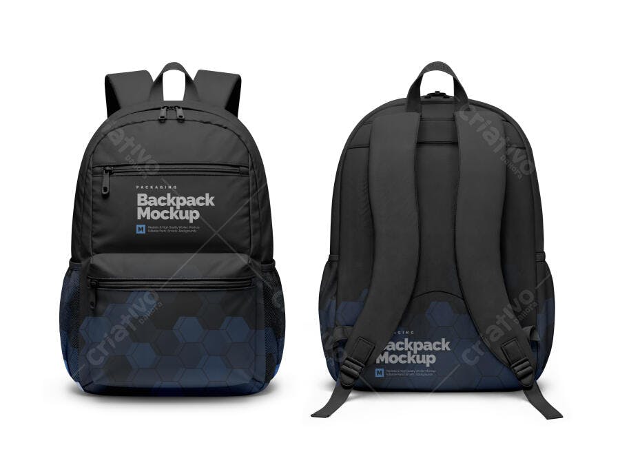Mockup Realista Mochila Preta Embalagem Vistas Frente e Verso para Branding