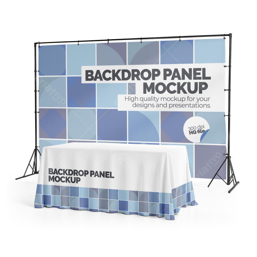 Mockup Realista de Painel Backdrop e Mesa para Eventos Azul e Branco
