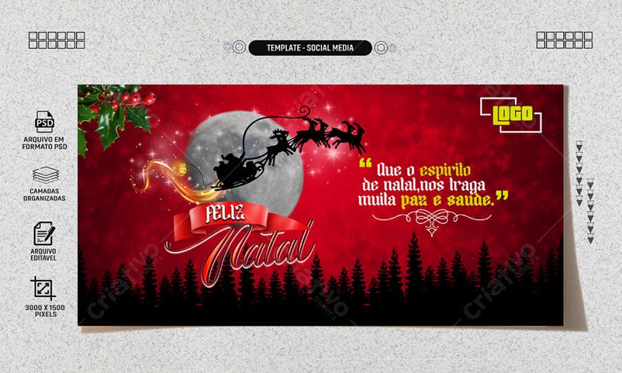 Banner Social Media Feliz Natal Papai Noel Lua PSD Editável