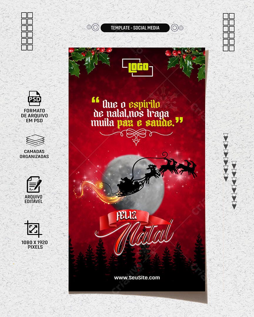 Post Social Media Natal Papai Noel Trenó Renas Mensagem Paz e Saúde PSD Editável