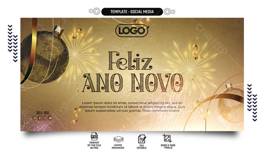 Flyer Social Media Feliz Ano Novo Dourado PSD Editável