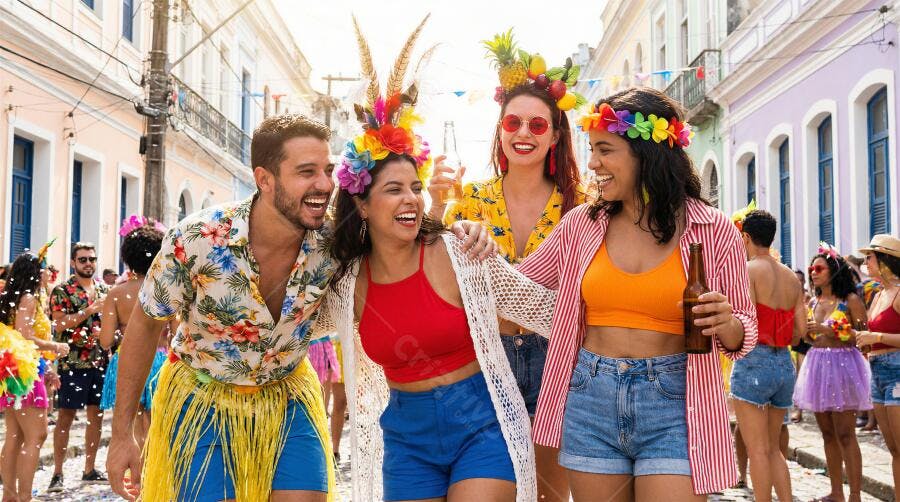 Foliões jovens rindo em festa de carnaval na rua colorida