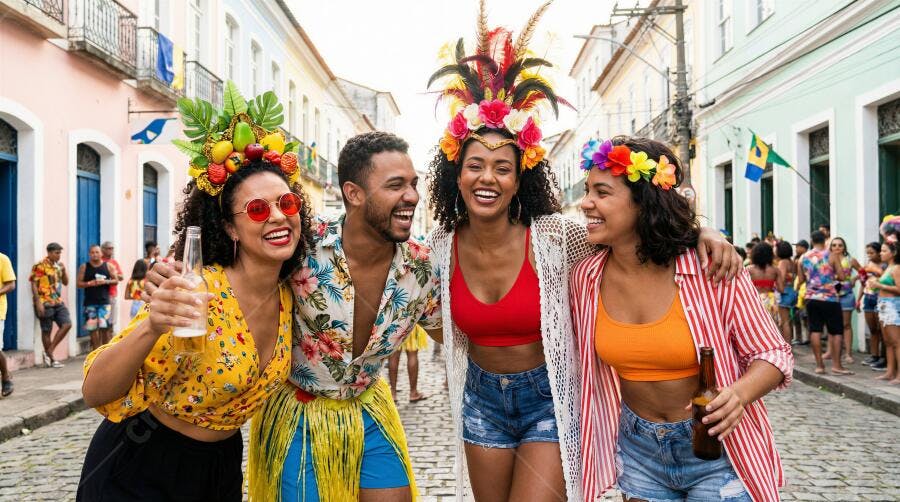 Quatro amigos brasileiros felizes festejando carnaval em rua colorida