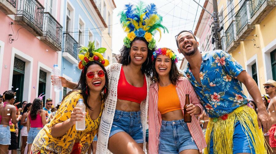 Quatro amigos latinos felizes com fantasias de Carnaval na rua colorida