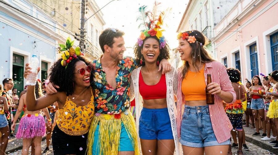 Grupo de amigos diversos celebrando o Carnaval em rua colorida com confetes