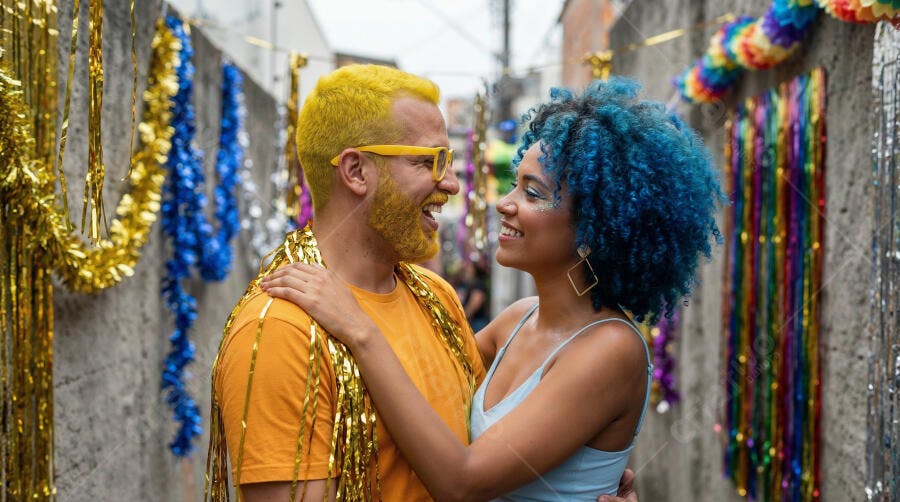 Casal com cabelo azul e amarelo sorrindo em festa de rua com confete dourado