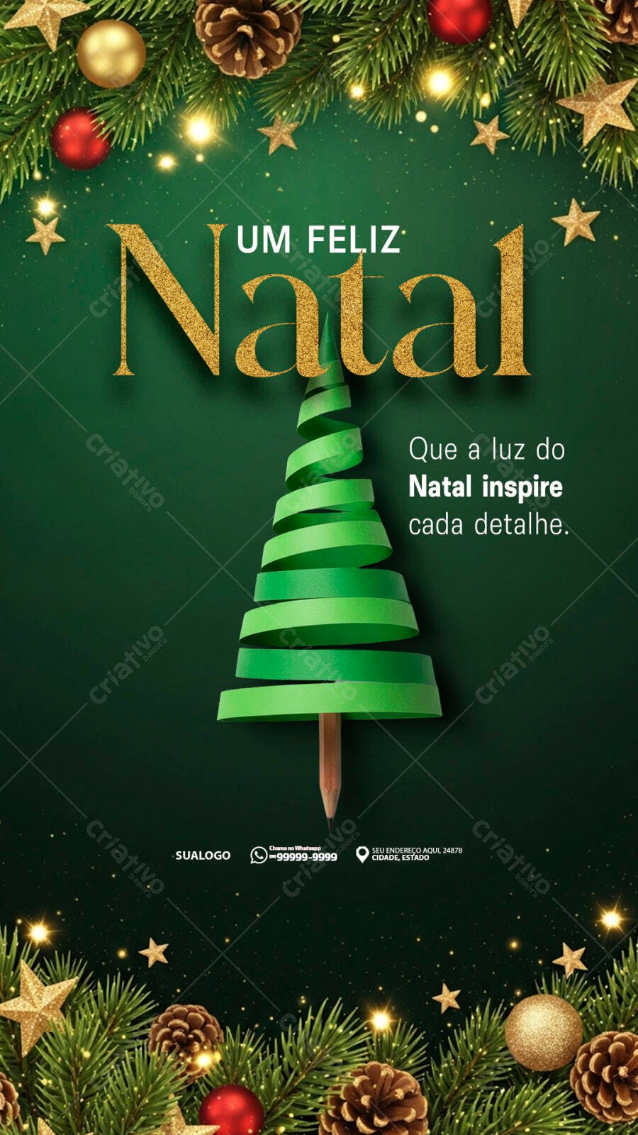 Post Instagram Feliz Natal Árvore Papel Verde Dourado PSD Editável