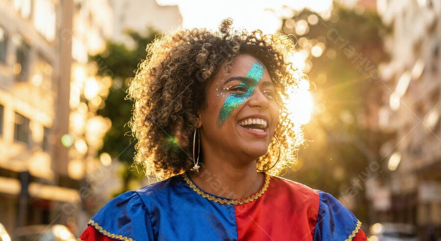 Mulher negra sorrindo com maquiagem de glitter azul festa de Carnaval ao pôr do sol