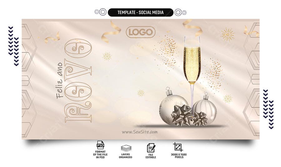Post Social Media Feliz Ano Novo PSD Editável Celebração Dourada