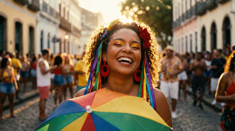 Jovem mulher negra sorrindo no carnaval com guarda-chuva de frevo e maquiagem vibrante