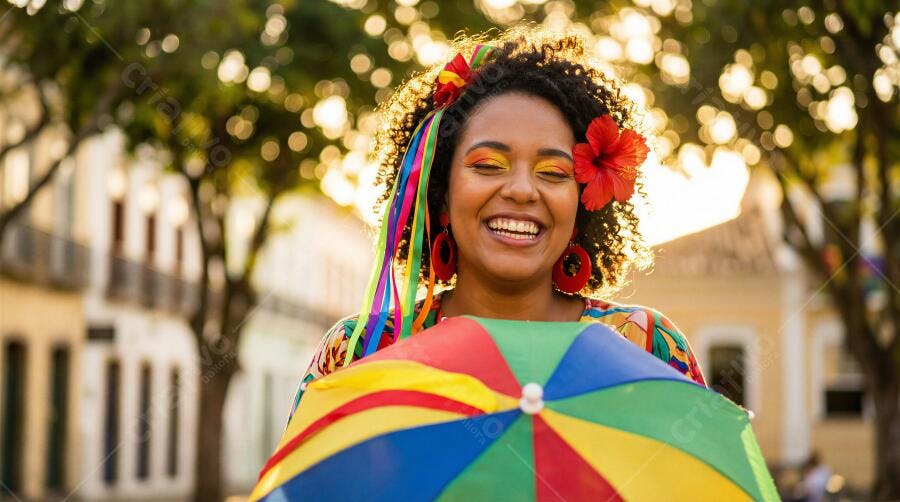 Mulher negra feliz com maquiagem colorida e sombrinha de frevo em festa de rua