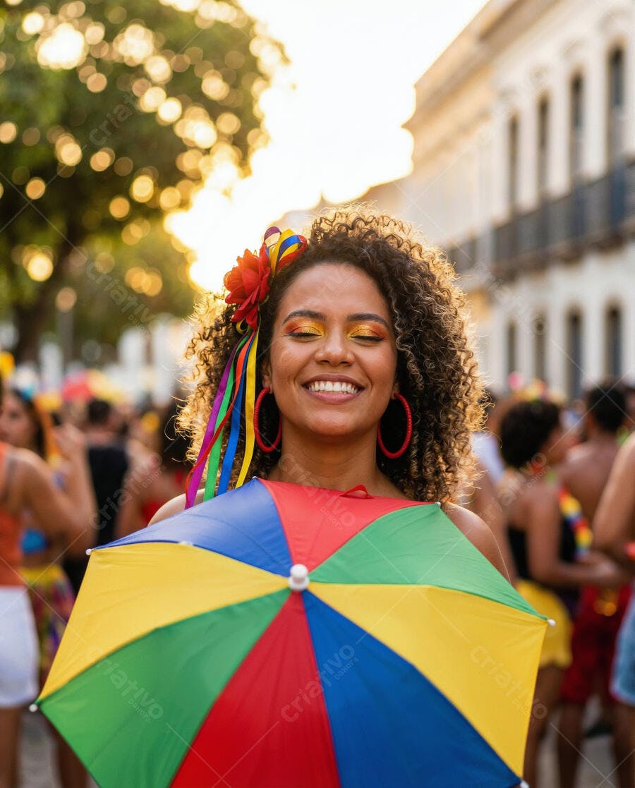 Mulher negra sorrindo feliz com guarda-chuva de frevo colorido no carnaval de rua