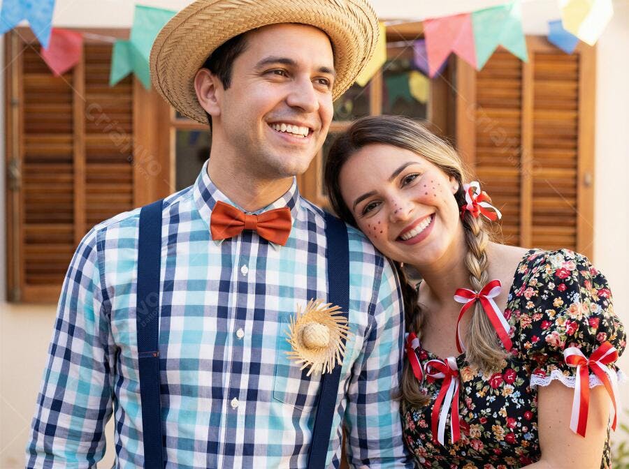 Casal jovem feliz em festa junina sorrindo com trajes típicos