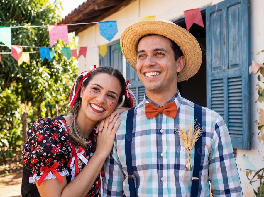 Casal alegre em trajes típicos de Festa Junina com chapéu e pintinhas sorrindo
