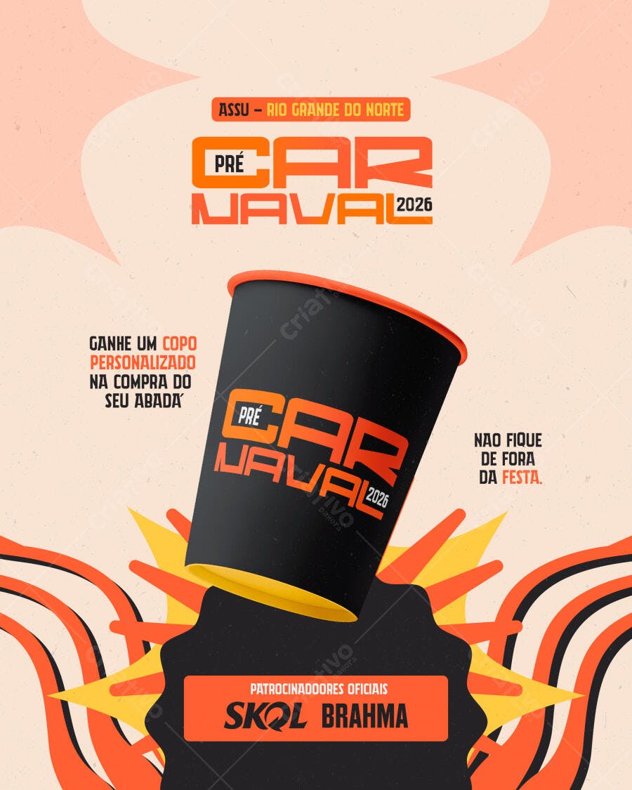 Flyer Pré-Carnaval 2026 Assu RN com Copo PSD Editável
