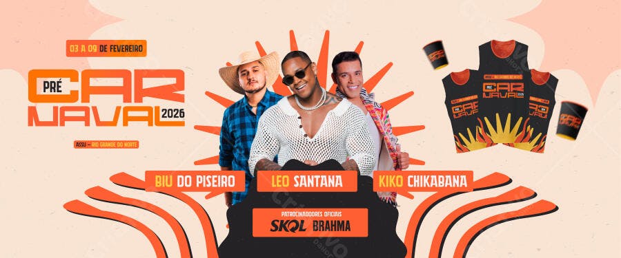 Flyer Pré Carnaval 2026 com Leo Santana, Biu do Piseiro e Abadás PSD Editável