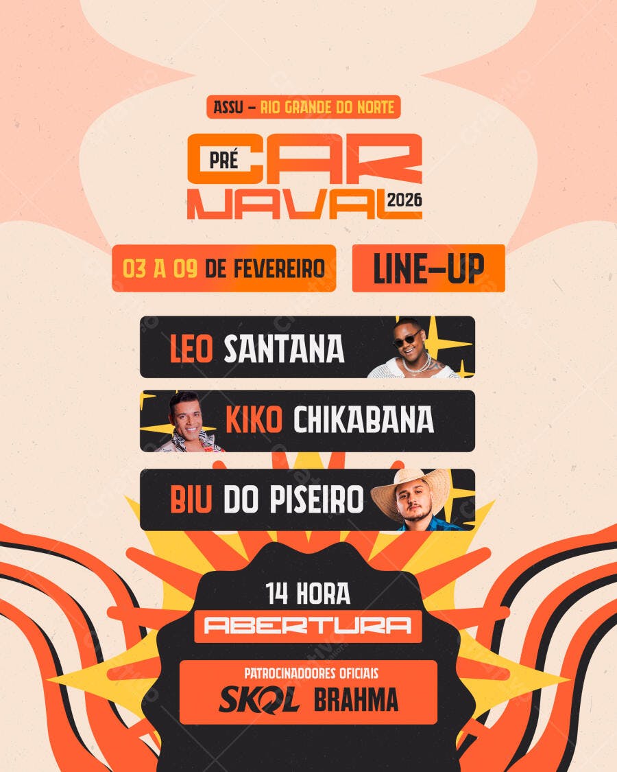 Flyer de Evento Pré Carnaval 2026 Line-Up PSD Editável