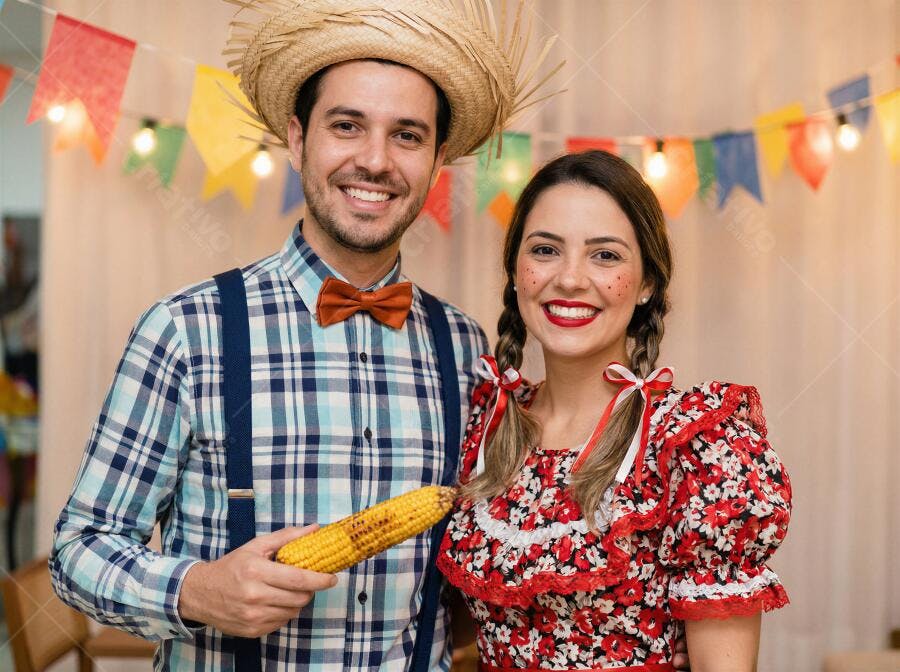 Casal sorridente em traje típico junino celebrando festa popular brasileira com milho