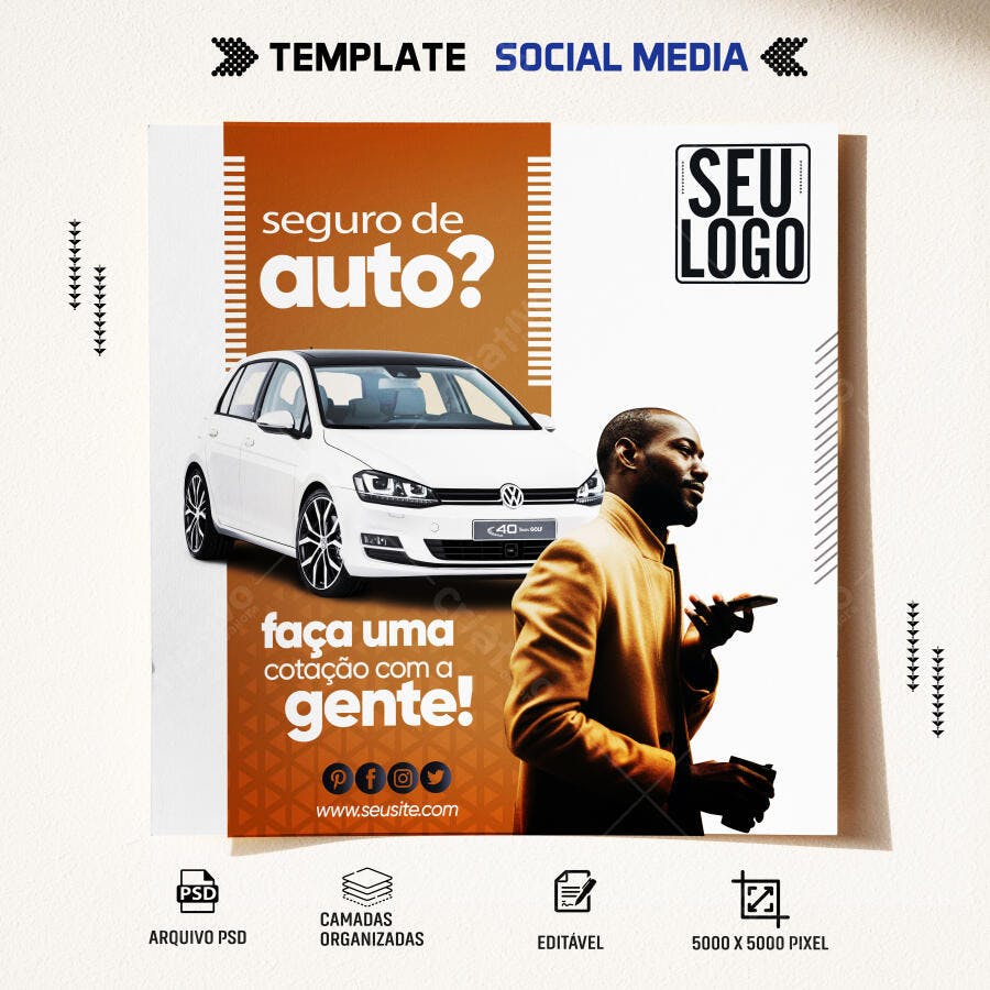 Post para Redes Sociais Seguro de Auto Homem Negro Carro Branco PSD Editável