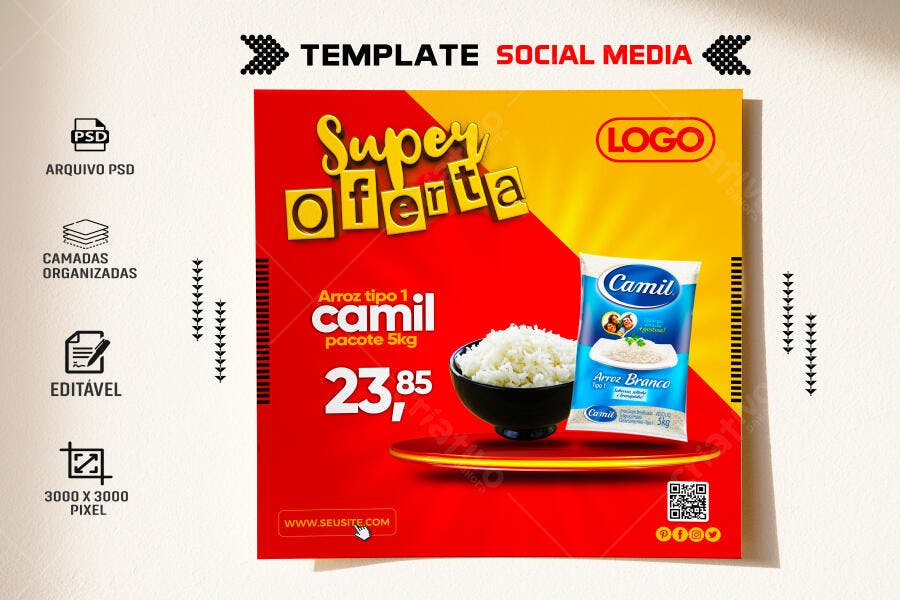 Post Redes Sociais Super Oferta Arroz Camil PSD Editável