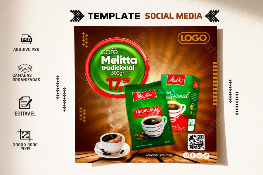 Post Redes Sociais Promoção Café Melitta Tradicional 500gr PSD Editável