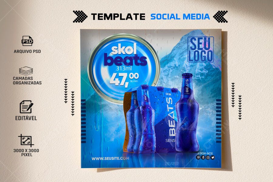 Flyer Social Media para Promoção Skol Beats Bebida Azul Gelo PSD Editável