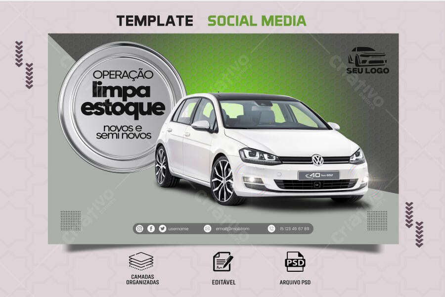 Post Redes Sociais Operação Limpa Estoque Carros Novos e Seminovos PSD Editável