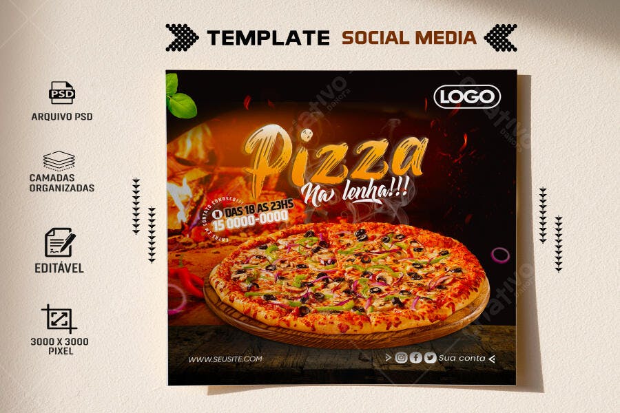 Flyer Social Media para Promoção de Pizza Forno a Lenha PSD Editável