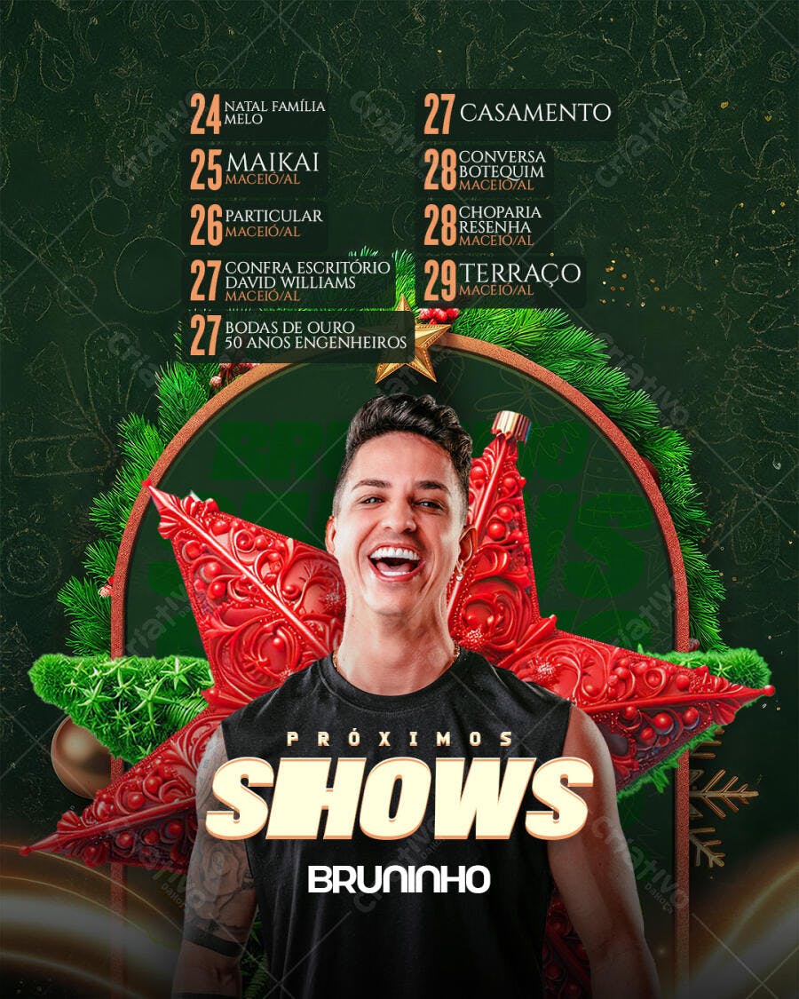 Flyer Próximos Shows Bruninho Natal e Ano Novo PSD Editável
