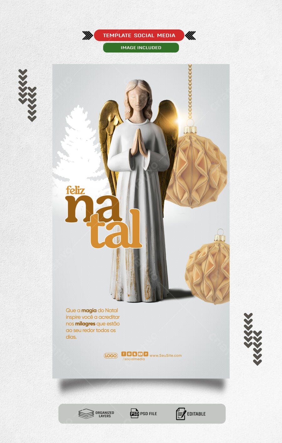Post Social para Feliz Natal com Anjo e Enfeites PSD Editável