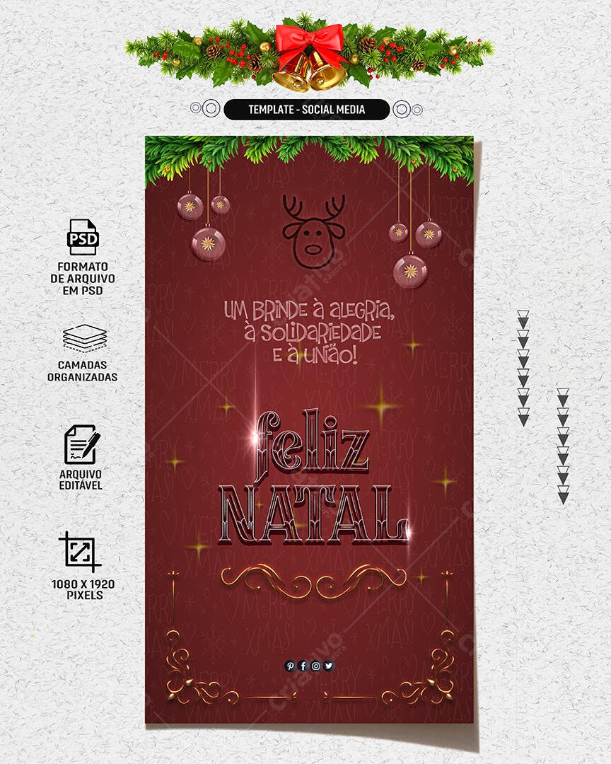 Post de Natal Feliz Decorado com Guirlanda e Sinos PSD Editável