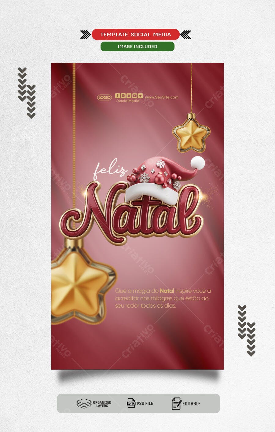 Post Social Media para Feliz Natal Estrelas Douradas PSD Editável