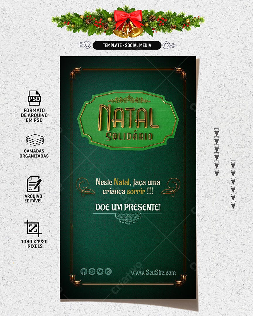 Flyer Digital Campanha Natal Solidário DOE UM PRESENTE PSD Editável