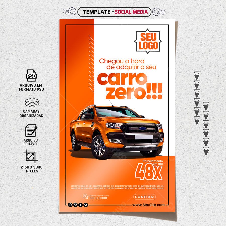 Story para Instagram Carro Zero Laranja Pickup PSD Editável