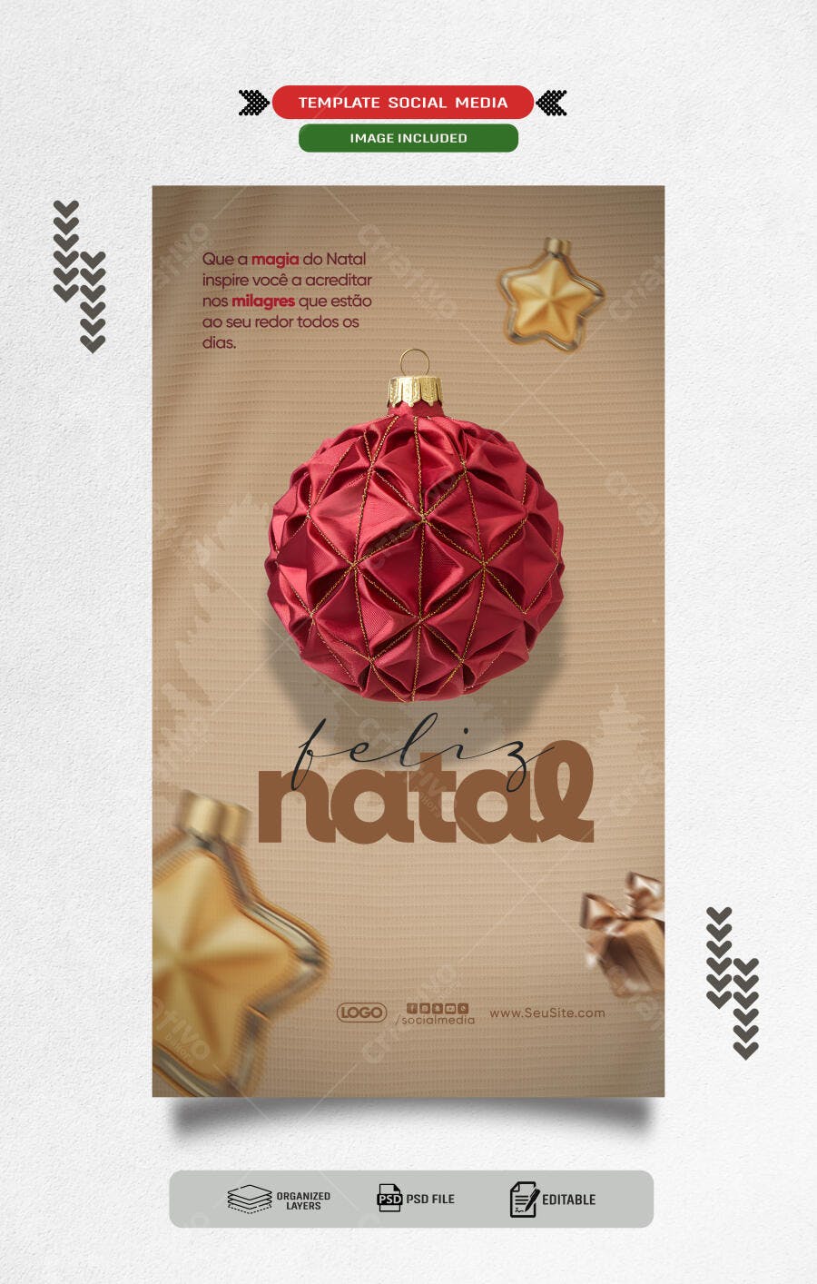 Post para Redes Sociais Feliz Natal Bola Vermelha Dourada PSD Editável