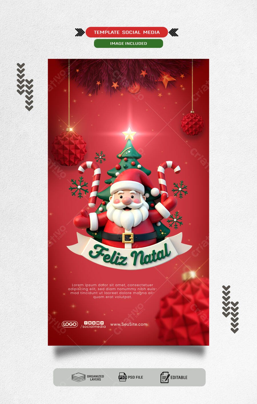 Post Vertical para Feliz Natal Papai Noel 3D PSD Editável