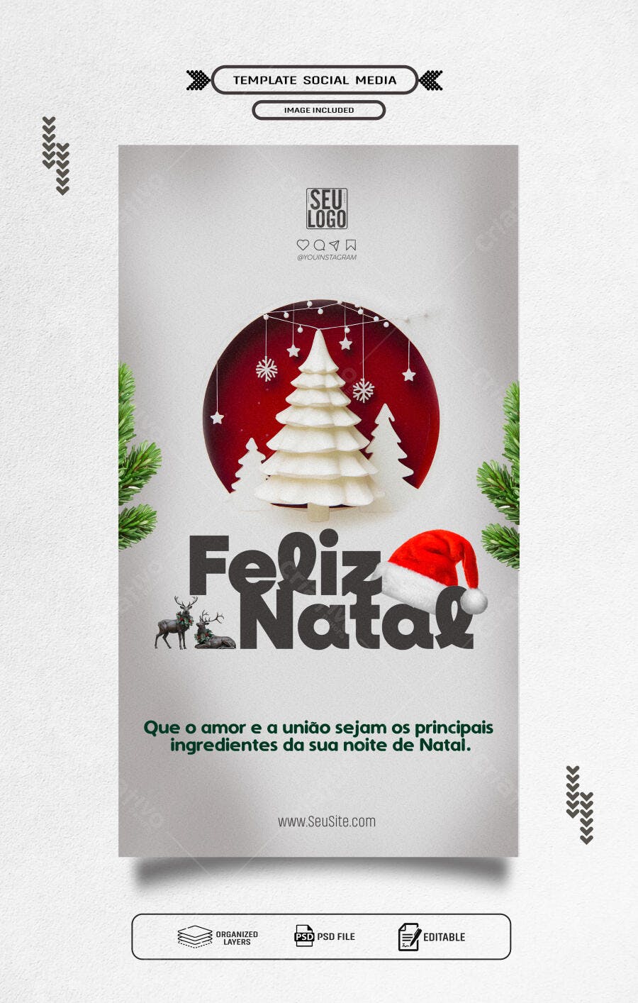 Post Social Media Feliz Natal com Árvore e Rena PSD Editável