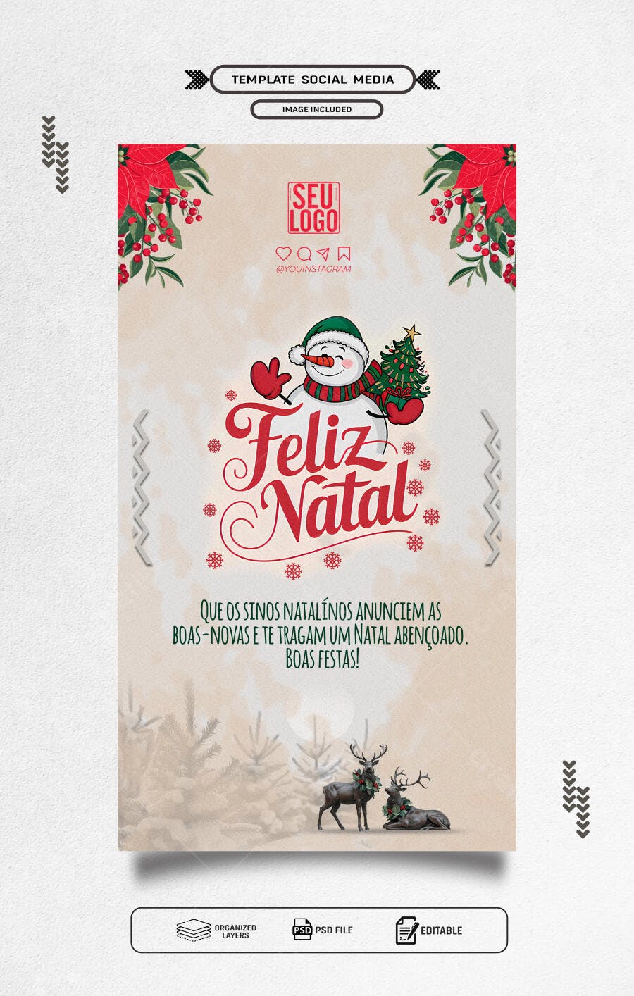 Post Social Media Feliz Natal com Boneco Neve e Veados PSD Editável