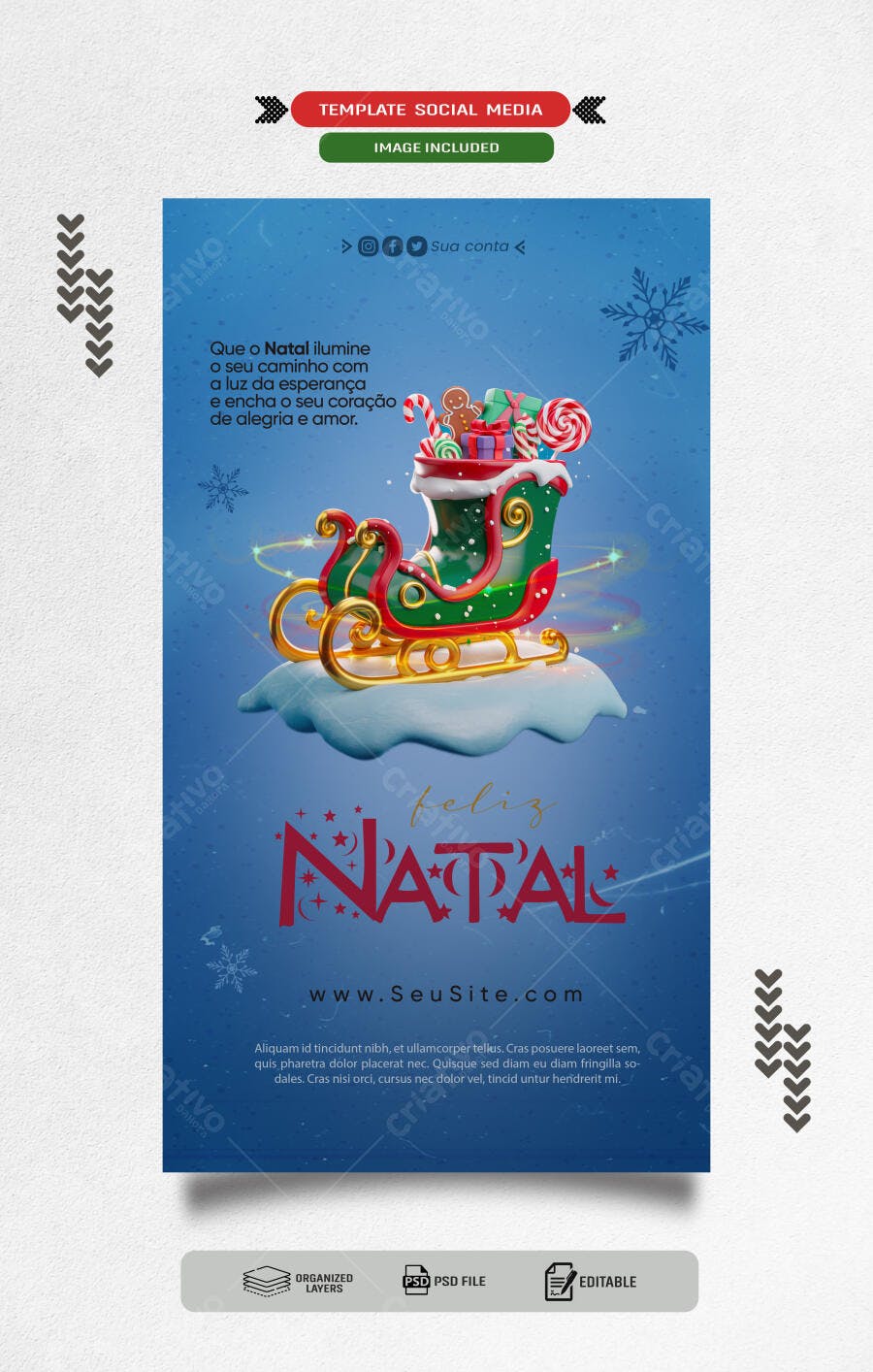 Post Redes Sociais Feliz Natal Trenó Presentes Azul PSD Editável