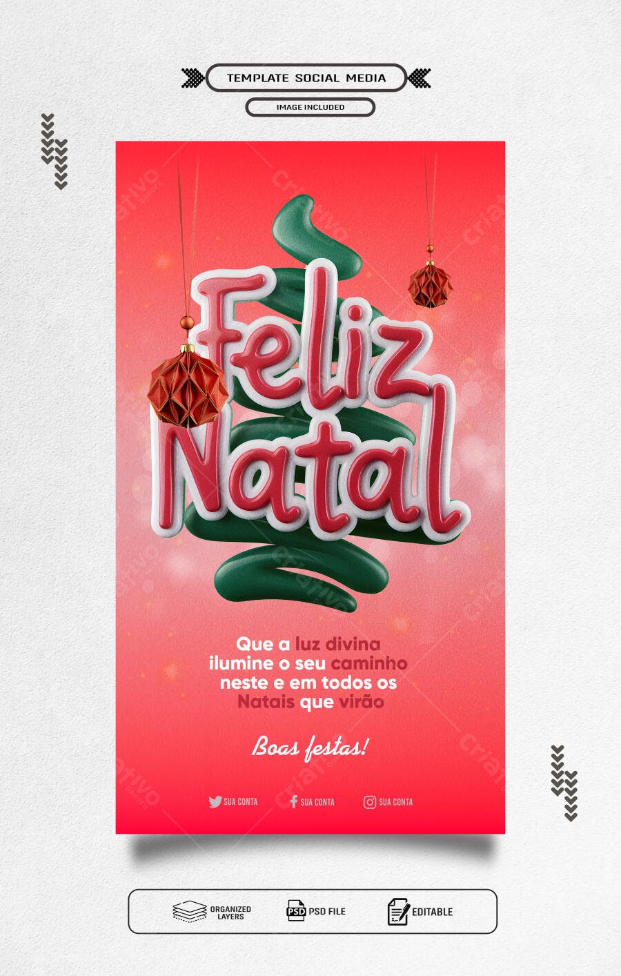 Post para Instagram Feliz Natal 3D Vermelho e Verde PSD Editável