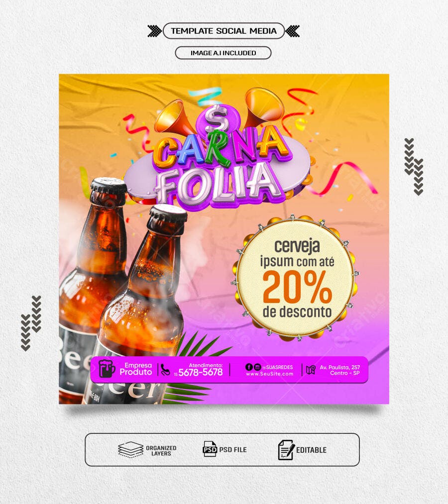 Flyer de Carna Folia Cerveja com 20% de Desconto PSD Editável
