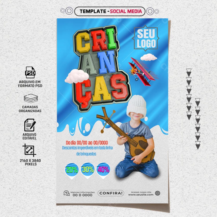 Flyer Crianças Promoção Brinquedos Descontos Imperdíveis PSD Editável