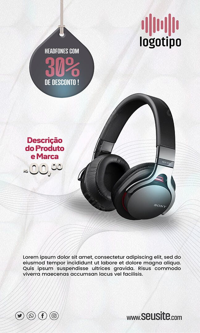 Flyer para Promoção de Headphones Sony com 30% Desconto PSD Editável