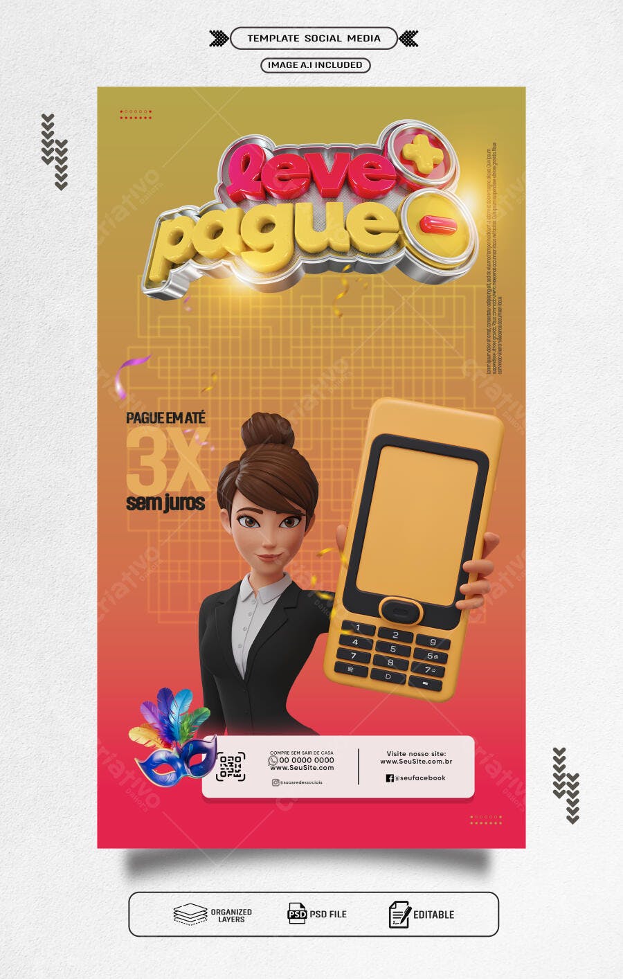 Flyer para Promoção Leve e Pague 3X Sem Juros PSD Editável