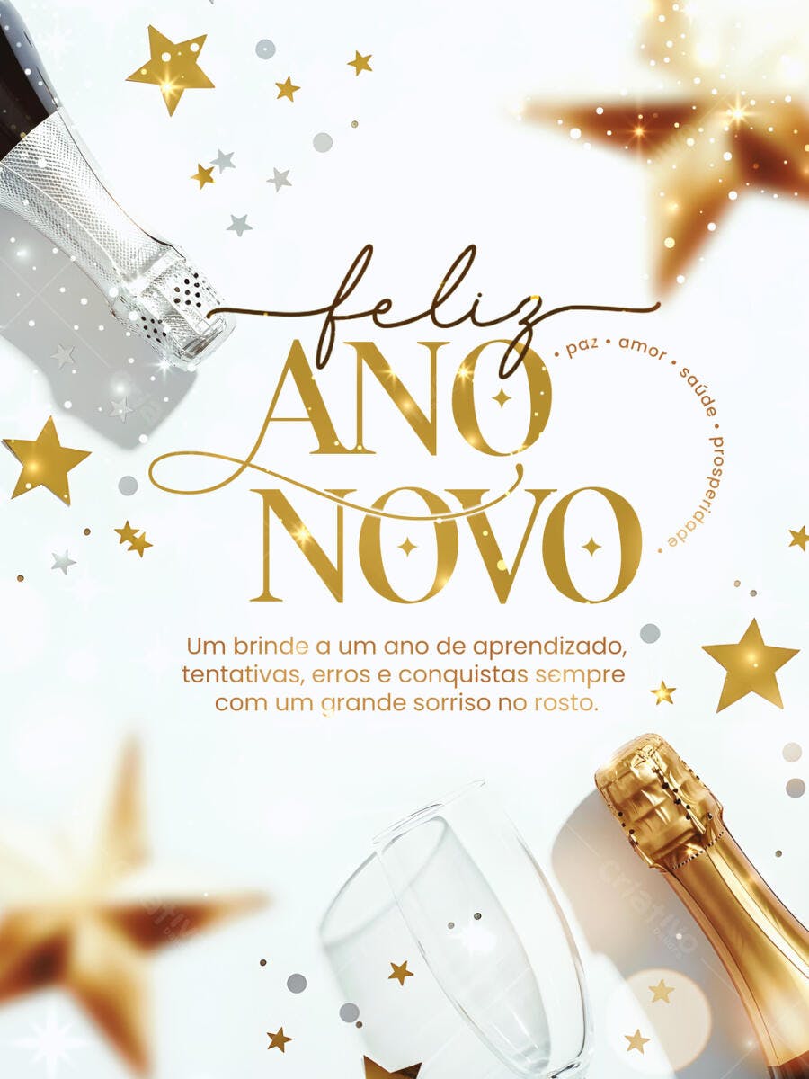 Flyer Feliz Ano Novo Brinde Champanhe Estrelas Douradas PSD Editável